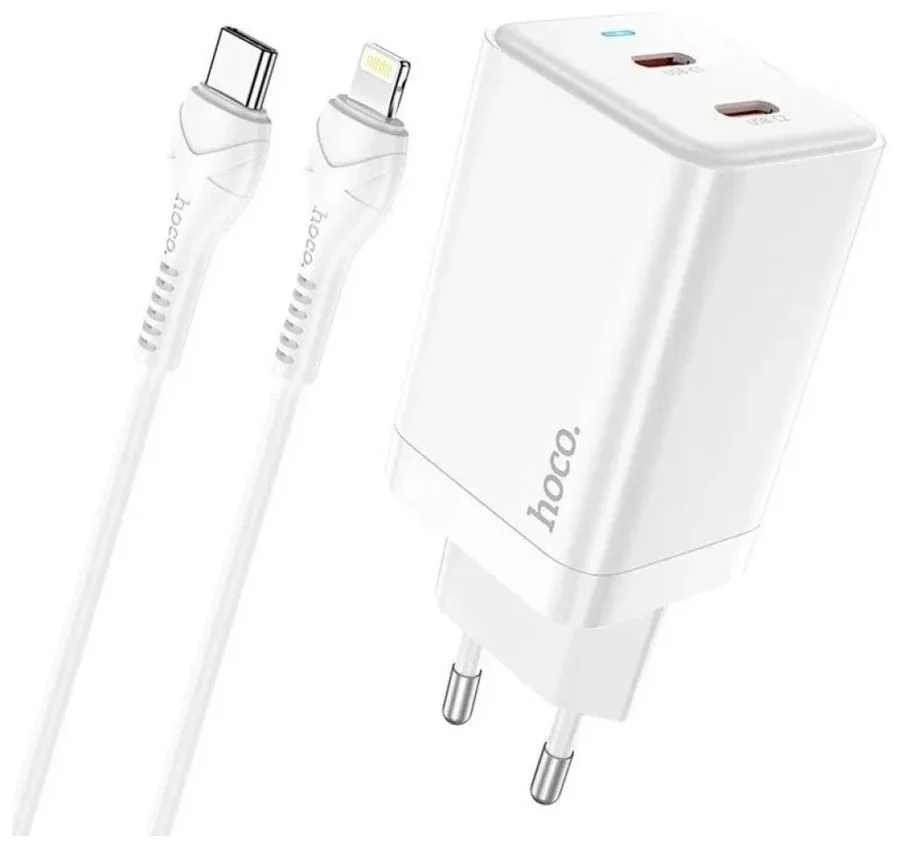 Сетевое зарядное устройство Hoco (N23) GaN 45W 2хType-C+кабель Type-C/Lightning 1m (белый)